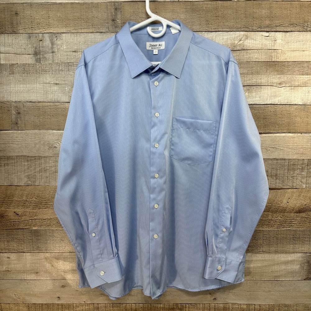 Jimmy Au Beverly Hills Mens Blue Pinstripe Button Down Dress Shirt Size Large 19